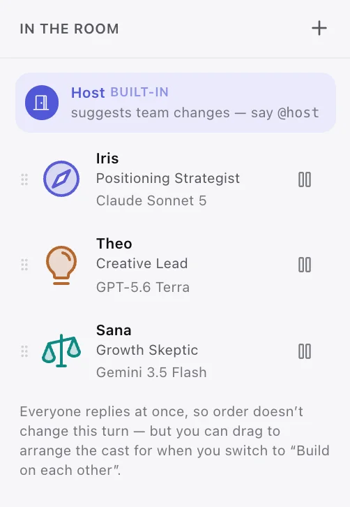 A CoFigure room roster: the Host, plus Iris the Positioning Strategist thinking with Claude Sonnet 5, Theo the Creative Lead with GPT-5.6 Terra, and Sana the Growth Skeptic with Gemini 3.5 Flash