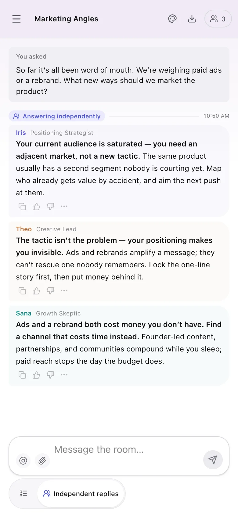 The same marketing room and conversation in the native mobile layout