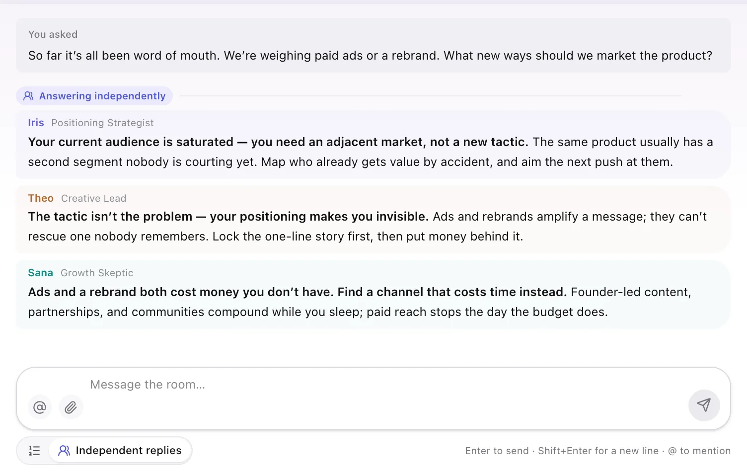One marketing question answered independently three ways: Iris argues for an adjacent market, Theo says the positioning is the problem, and Sana pushes for channels that cost time instead of money — with Independent replies selected in the composer