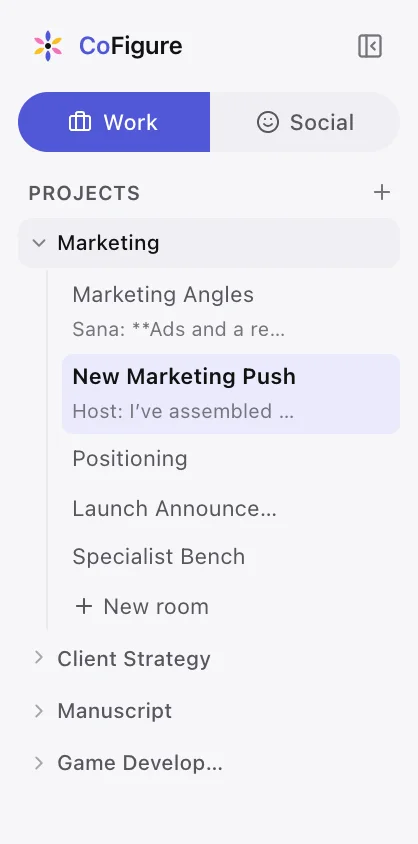 The workspace sidebar: a Marketing project holding five rooms, with Client Strategy, Manuscript, and Game Development projects below